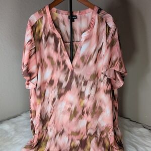 Torrid Womens 3X Pink Abstract Short Sleeves V- Neck Blouse Top Boho Shirt